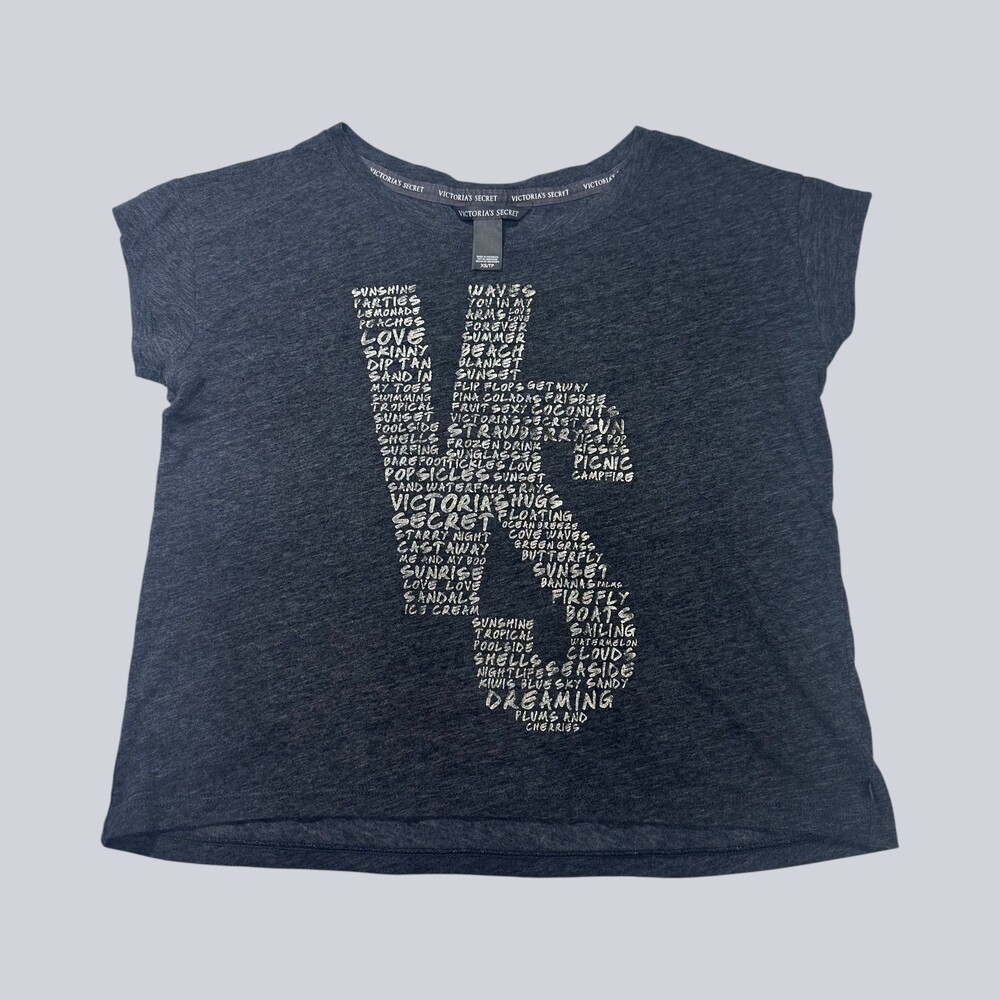 Victoria’s Secret XS Charcoal Graphic Tee Silver V Logo 2010s Throwback
